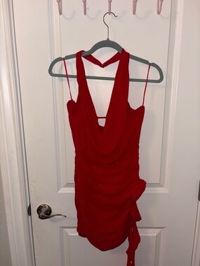 Red Draped Mini Dress with Halter Detail